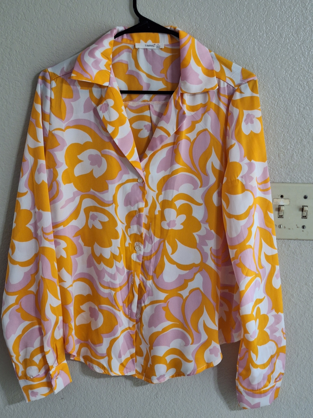 Vintage Yellow & Pink Floral Button-Up Blouse SzL